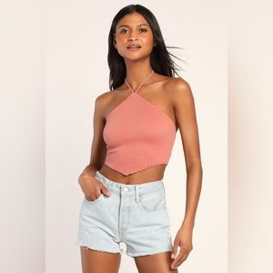 Lulus Smocking on Air Rose Smocked Cropped Handkerchief Halter Top - NWT